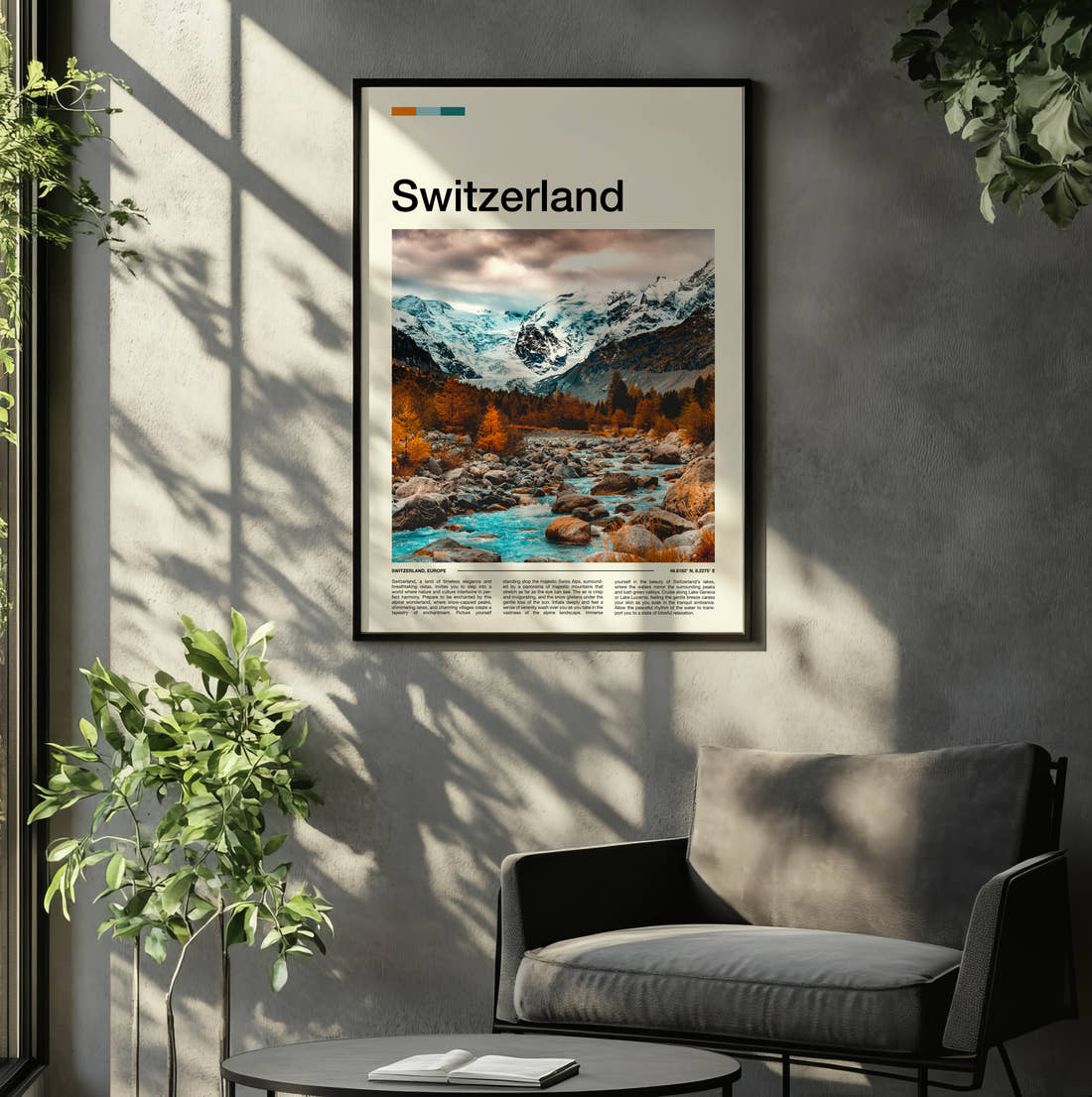 Switzerland Autumn Mountain River Travel Print framed on the wall of a relaxed living room