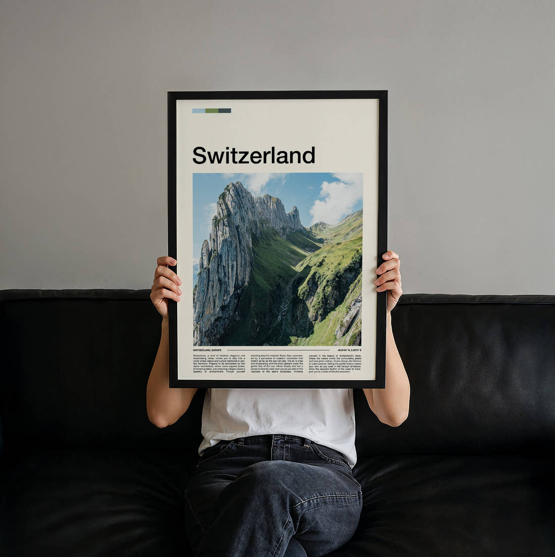 Switzerland Mountain Ridge Travel Print held up by hand to show the size of the print