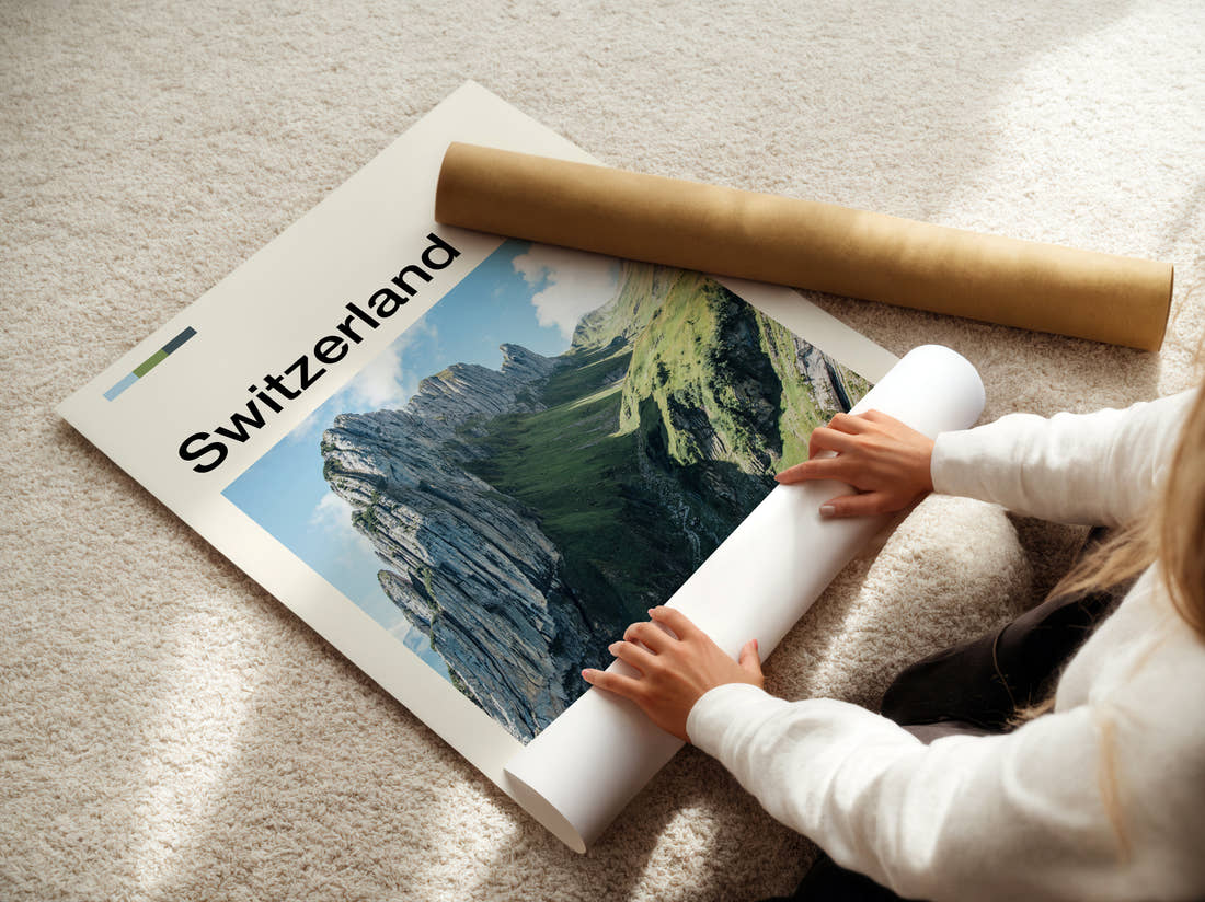Switzerland Mountain Ridge Travel Print being unrolled from its postal tube