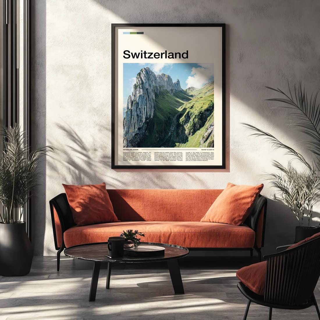 Switzerland Mountain Ridge Travel Print framed on the wall of a modern living room