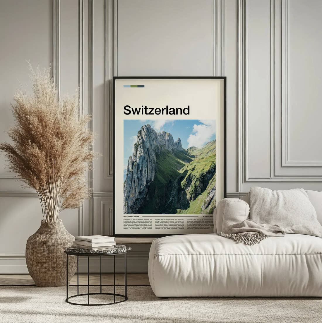 Switzerland Mountain Ridge Travel Print framed on the wall of a calm, neutral bedroom