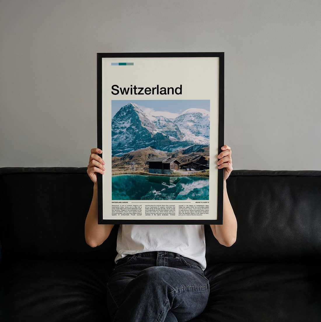 Switzerland Alpine Lake And Chalets Travel Print held up by hand to show the size of the print