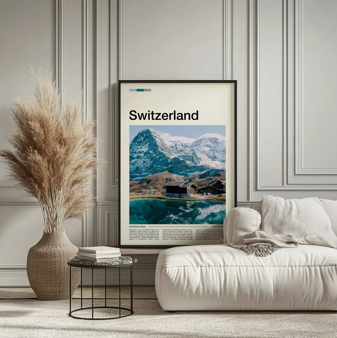 Switzerland Alpine Lake And Chalets Travel Print framed on the wall of a calm, neutral bedroom