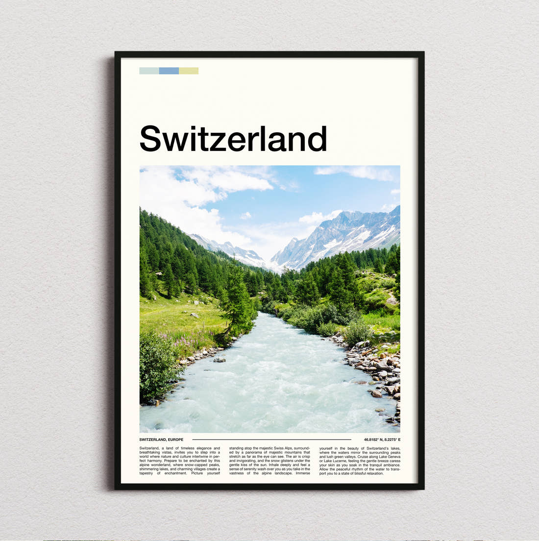 Switzerland Glacial River Valley Travel Print framed and photographed straight on