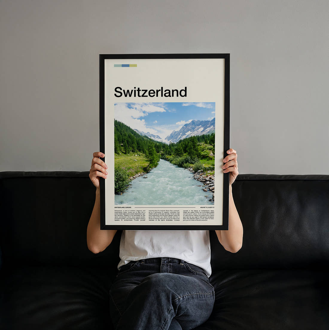 Switzerland Glacial River Valley Travel Print held up by hand to show the size of the print