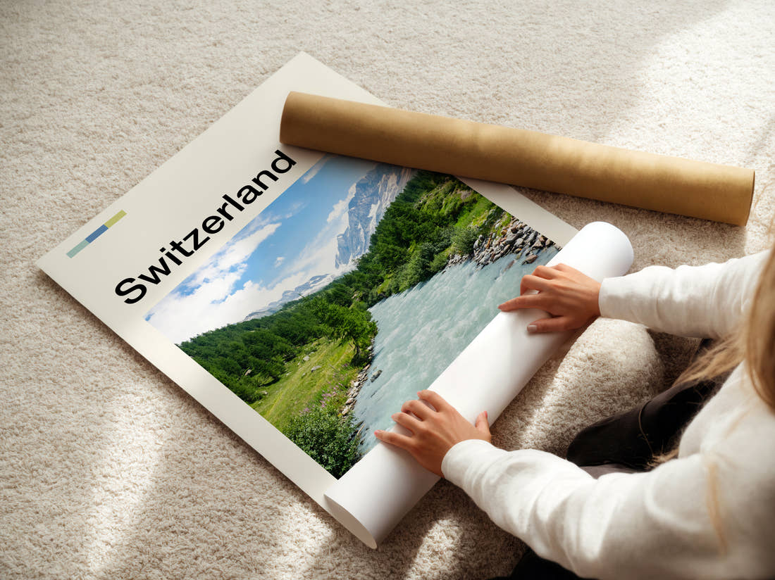 Switzerland Glacial River Valley Travel Print being unrolled from its postal tube