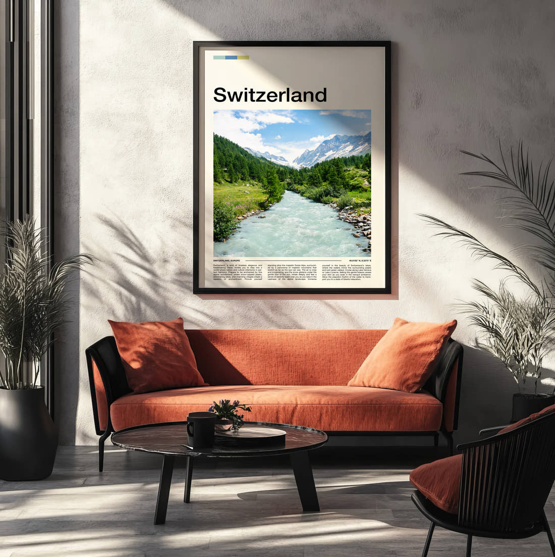 Switzerland Glacial River Valley Travel Print framed on the wall of a modern living room
