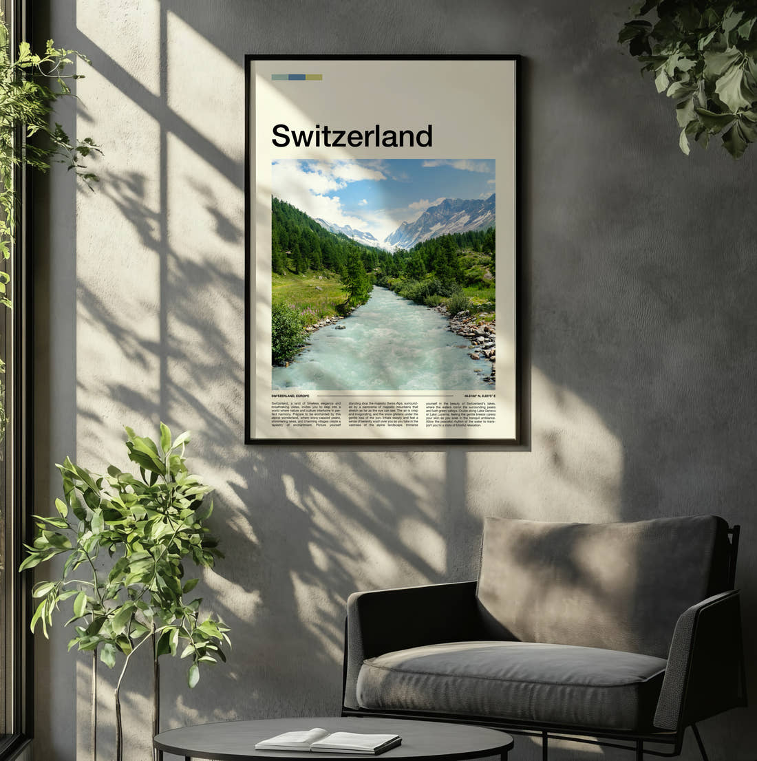 Switzerland Glacial River Valley Travel Print framed on the wall of a relaxed living room