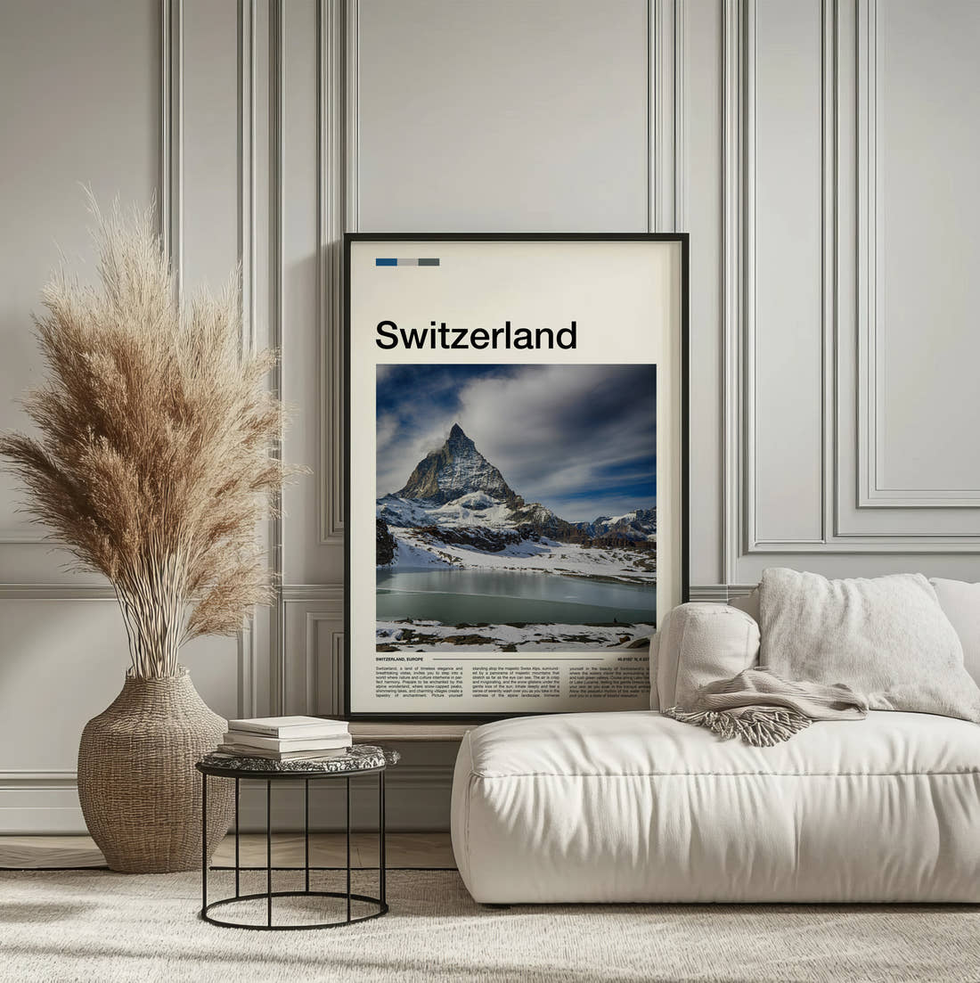 Switzerland Matterhorn Travel Print framed on the wall of a calm, neutral bedroom