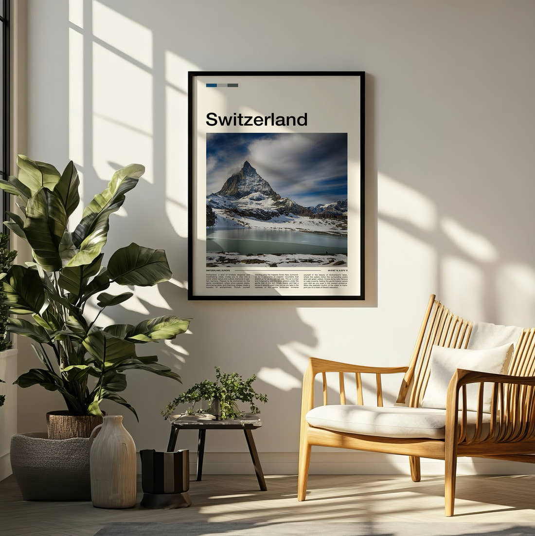 Switzerland Matterhorn Travel Print framed on a pale wall beside houseplants