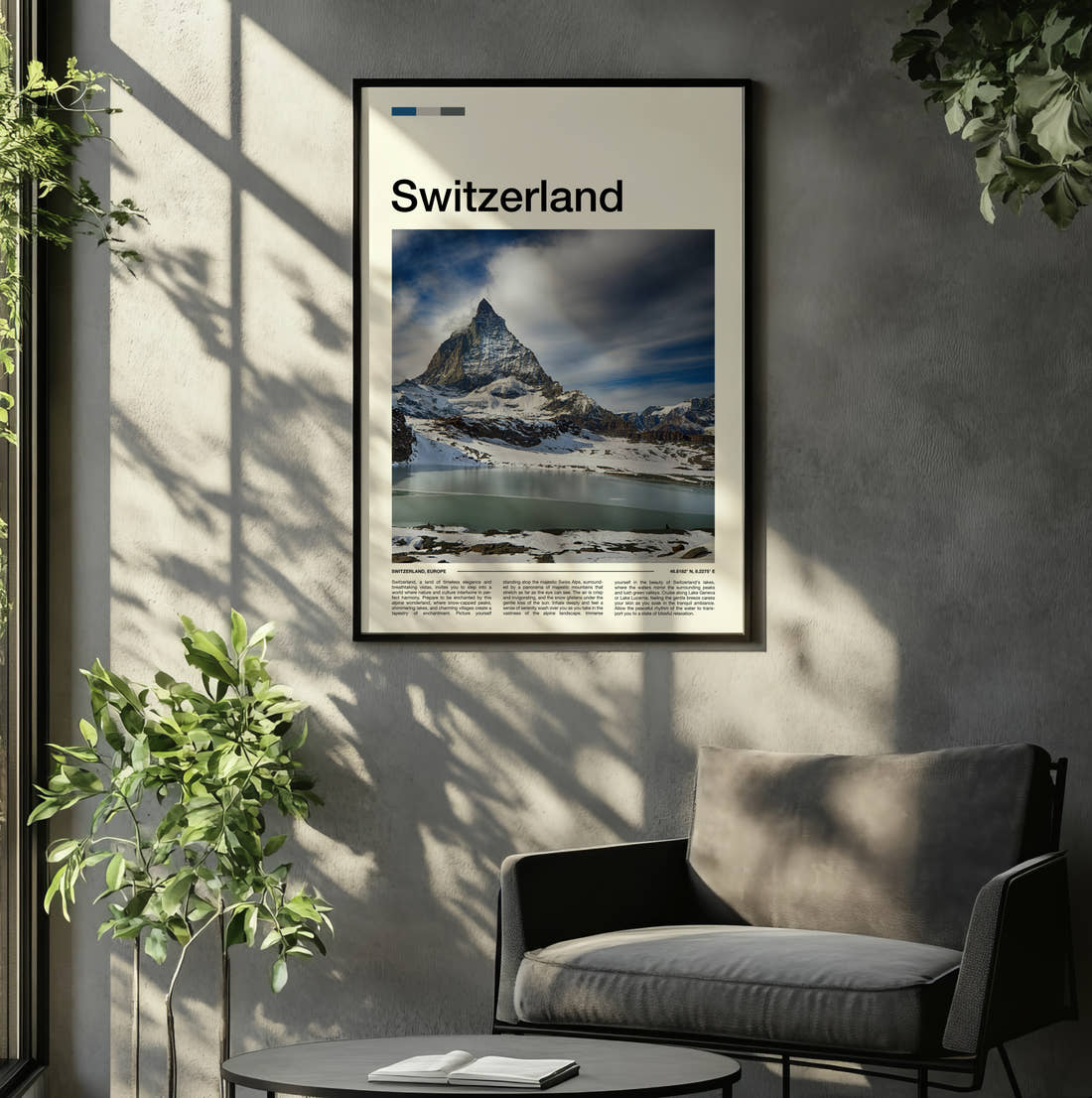 Switzerland Matterhorn Travel Print framed on the wall of a relaxed living room