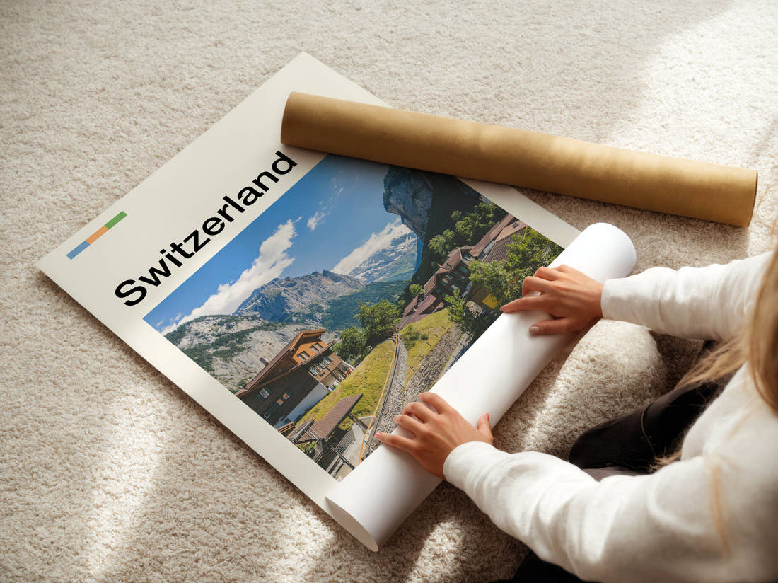 Switzerland Alpine Valley Village Travel Print being unrolled from its postal tube