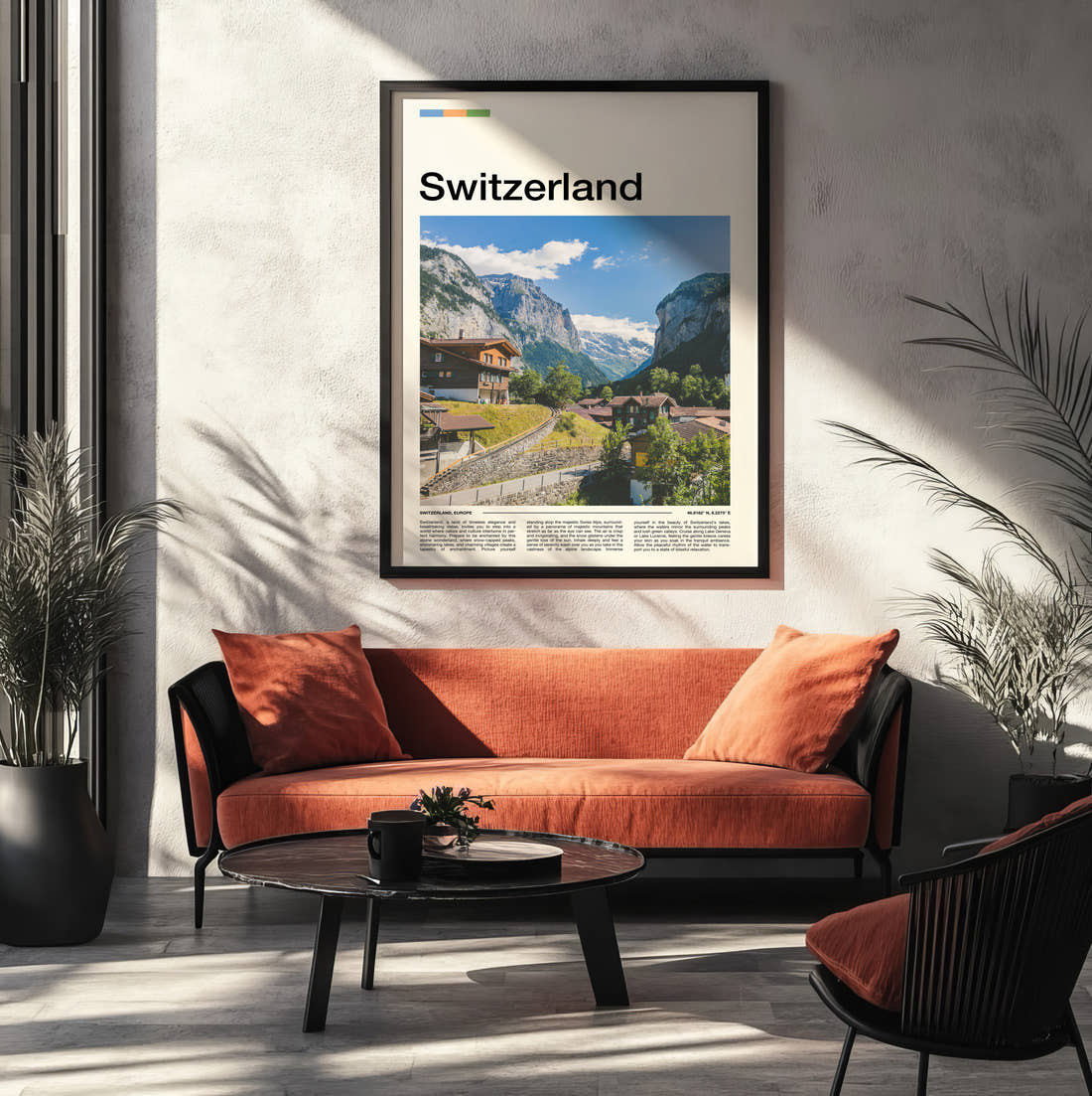 Switzerland Alpine Valley Village Travel Print framed on the wall of a modern living room