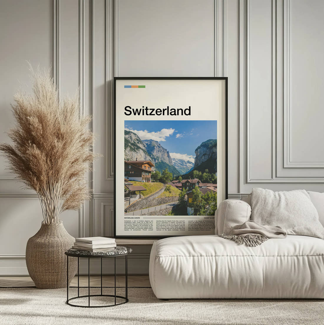 Switzerland Alpine Valley Village Travel Print framed on the wall of a calm, neutral bedroom