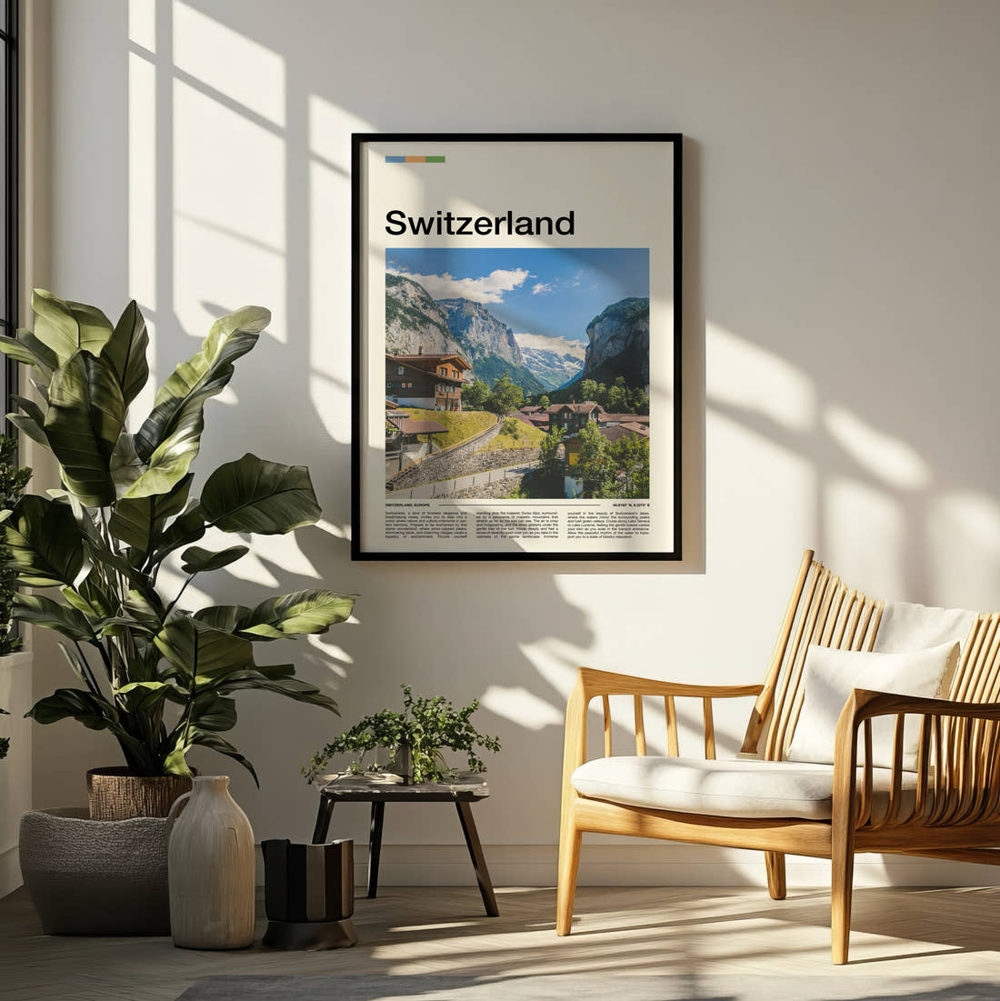 Switzerland Alpine Valley Village Travel Print framed on a pale wall beside houseplants