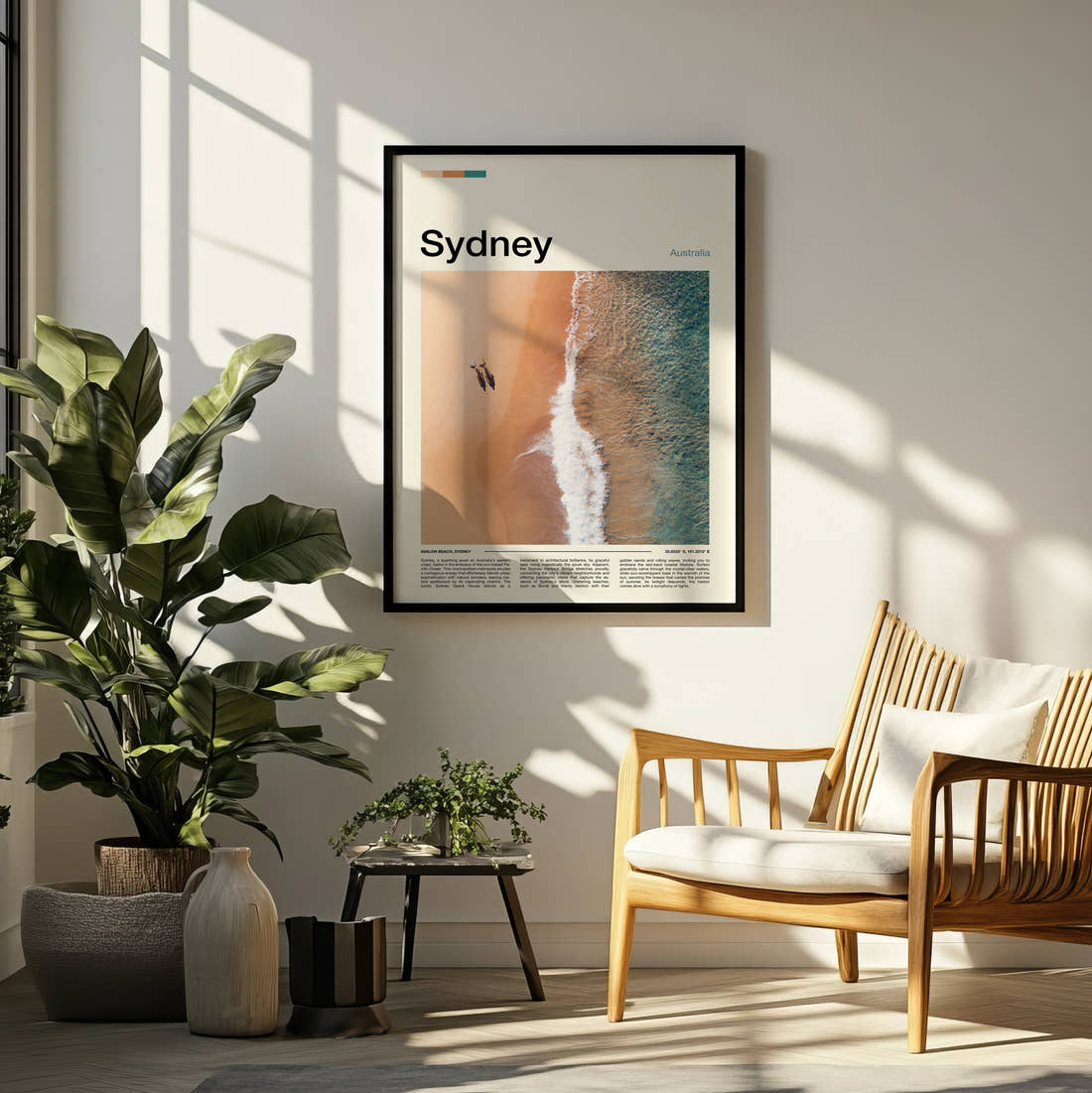 Sydney Aerial Beach View Travel Print framed on a pale wall beside houseplants