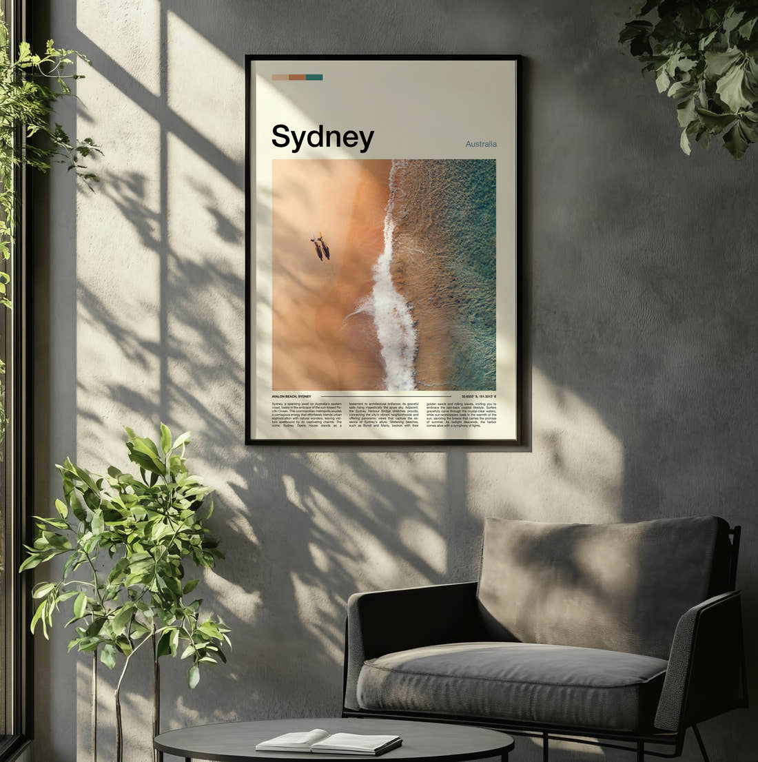 Sydney Aerial Beach View Travel Print framed on the wall of a relaxed living room