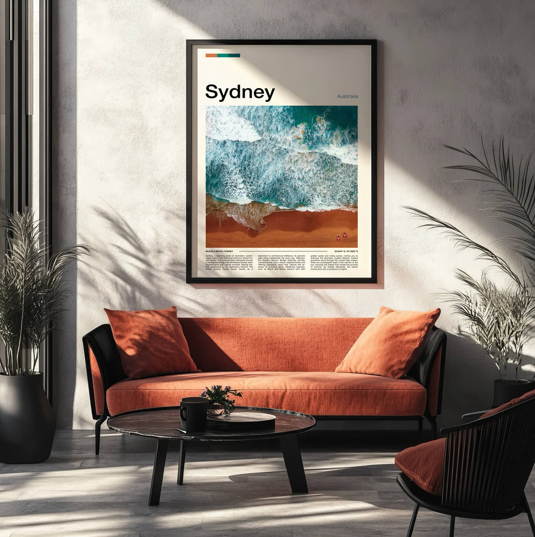 Sydney Aerial Waves On Sand Travel Print framed on the wall of a modern living room