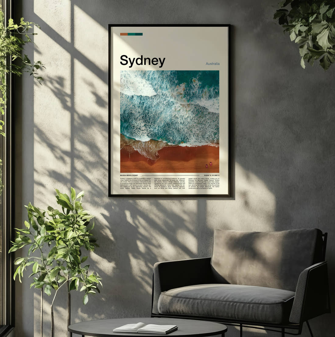 Sydney Aerial Waves On Sand Travel Print framed on the wall of a relaxed living room