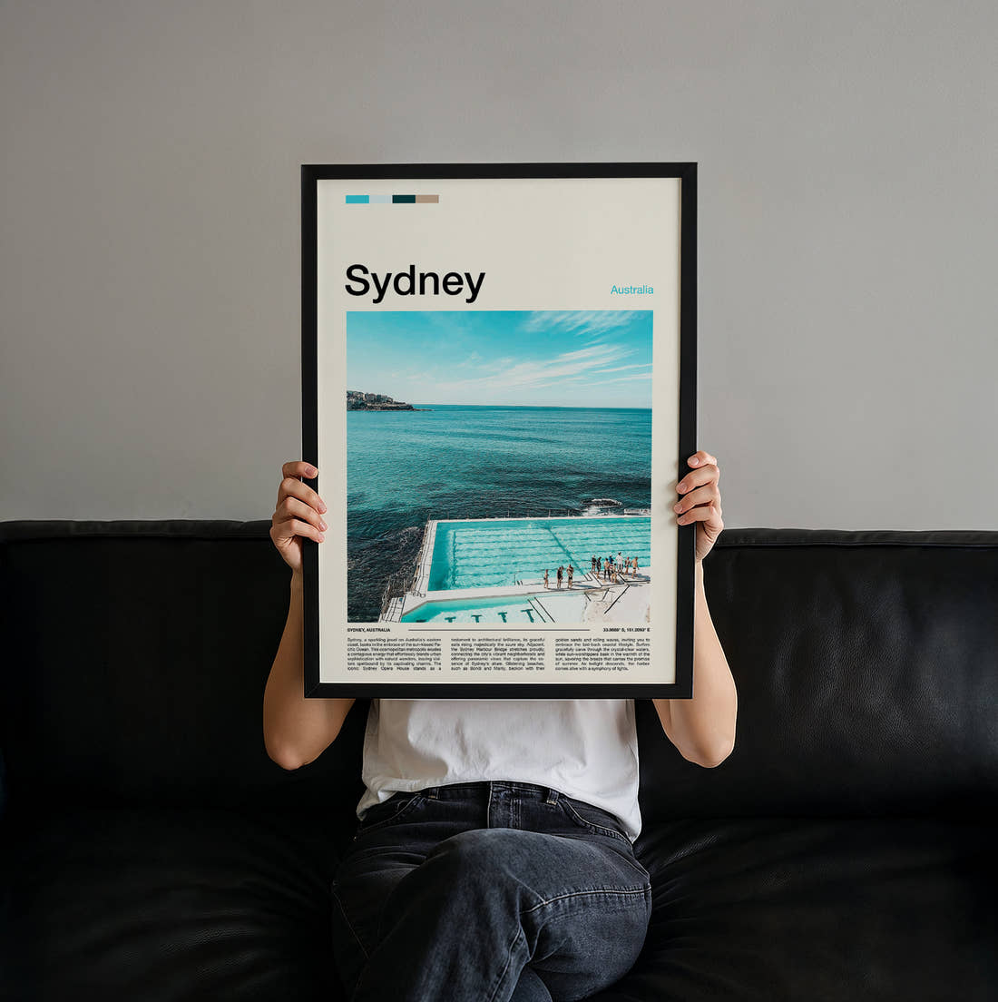 Sydney Bondi Icebergs Pool Travel Print held up by hand to show the size of the print