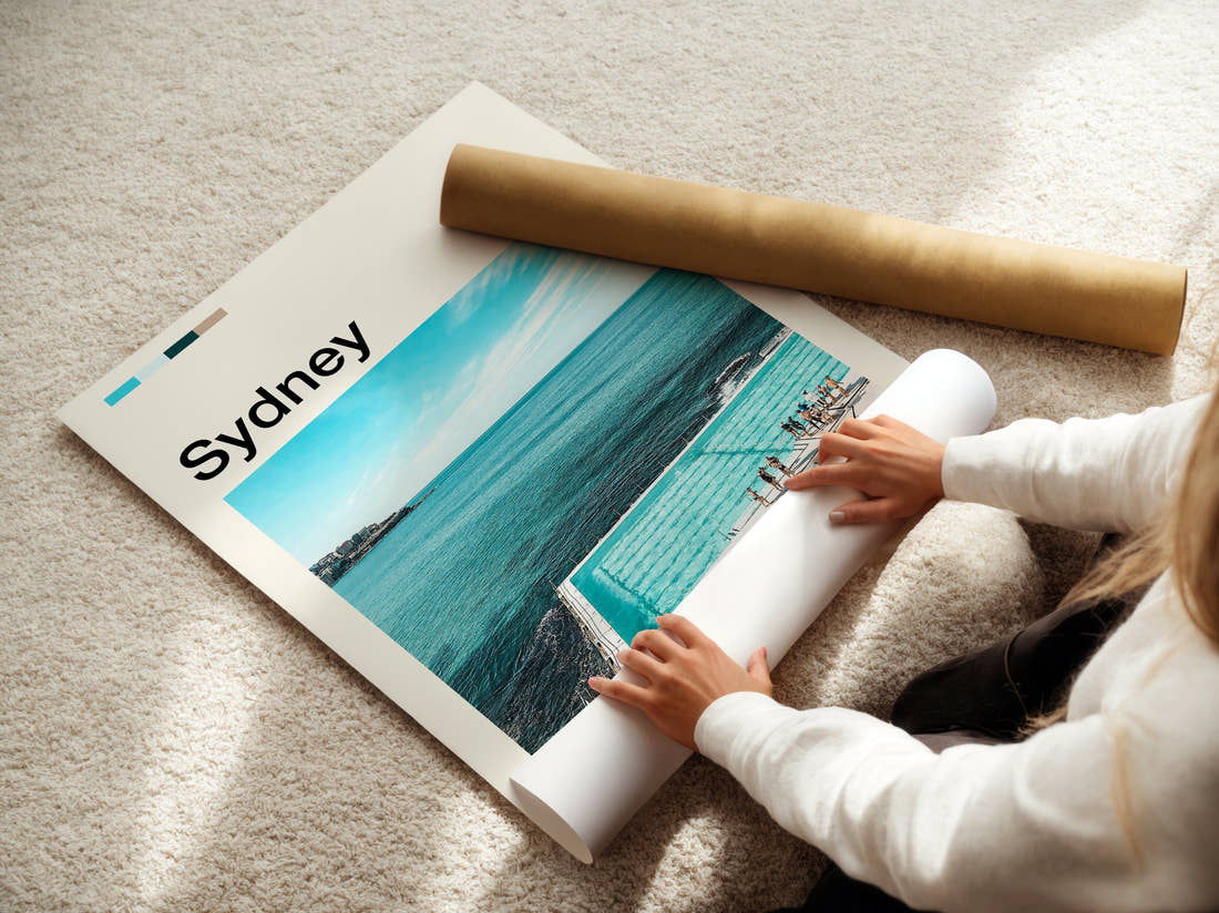 Sydney Bondi Icebergs Pool Travel Print being unrolled from its postal tube