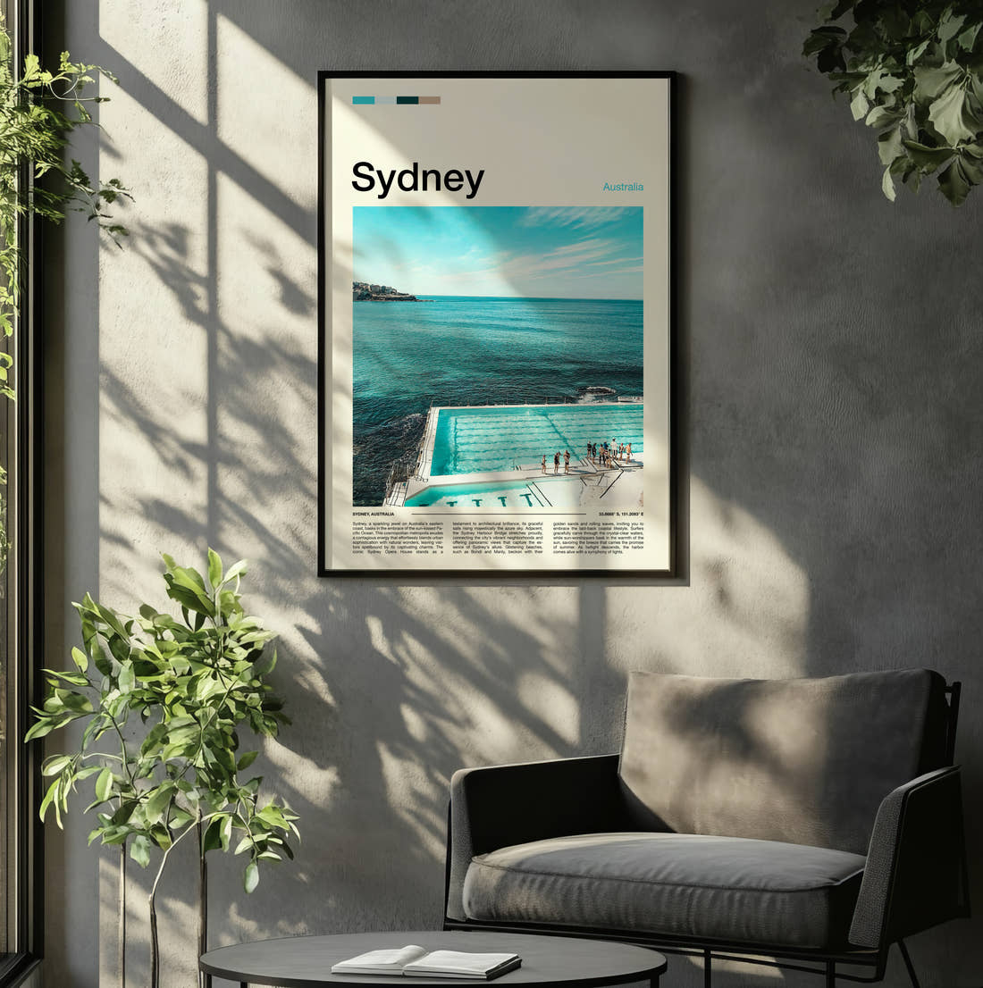 Sydney Bondi Icebergs Pool Travel Print framed on the wall of a relaxed living room