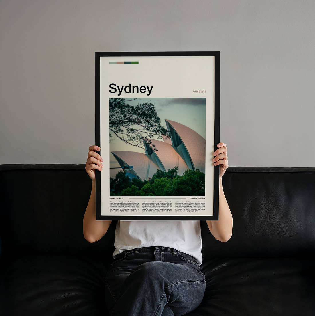 Sydney Opera House Travel Print held up by hand to show the size of the print