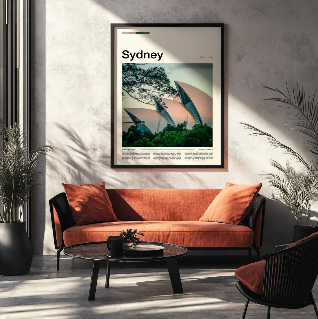 Sydney Opera House Travel Print framed on the wall of a modern living room
