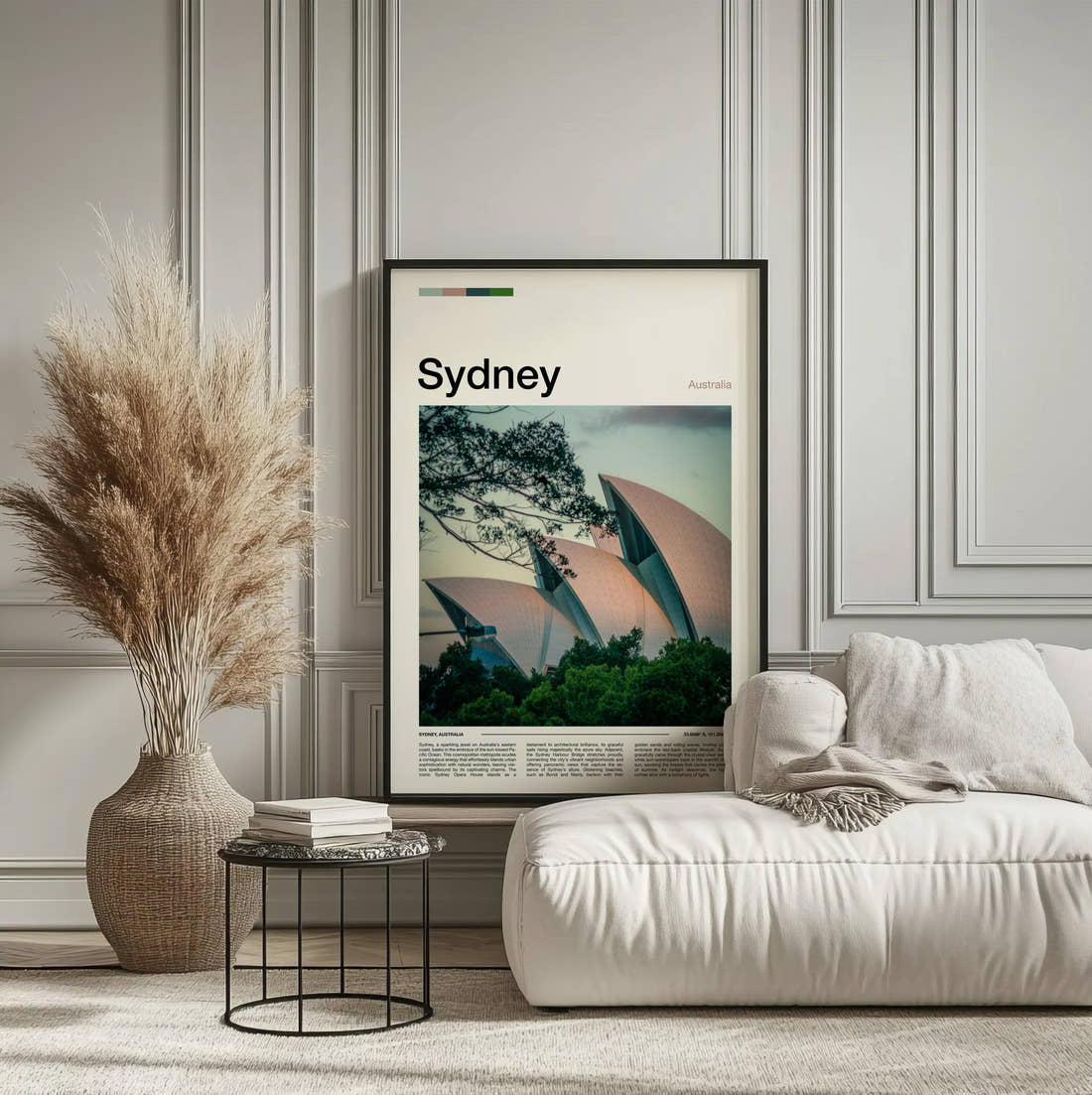 Sydney Opera House Travel Print framed on the wall of a calm, neutral bedroom