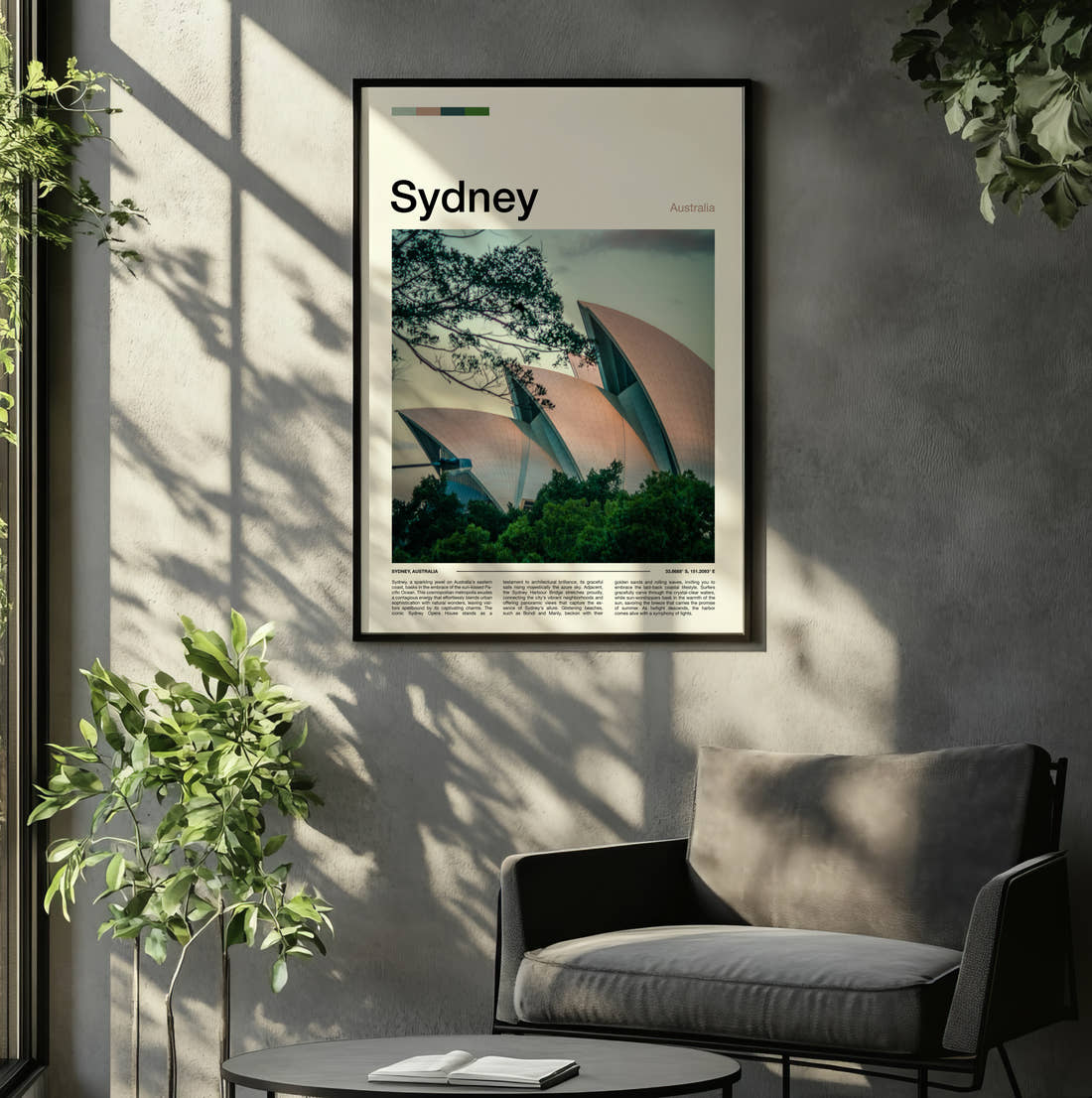 Sydney Opera House Travel Print framed on the wall of a relaxed living room