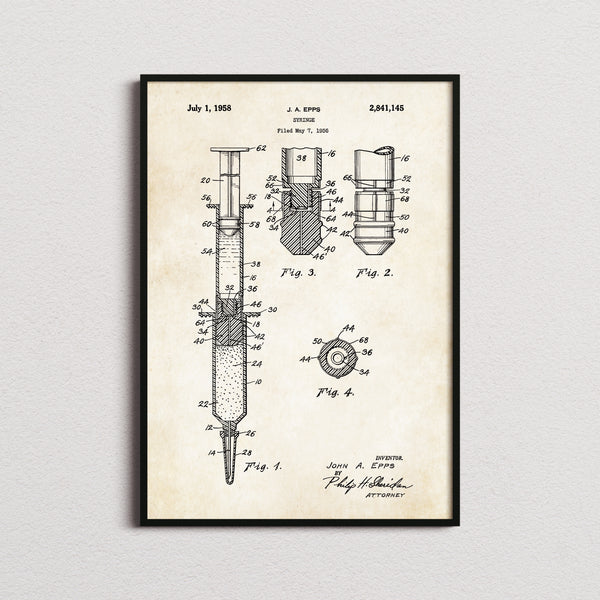Syringe Patent Print in the aged paper colourway, framed