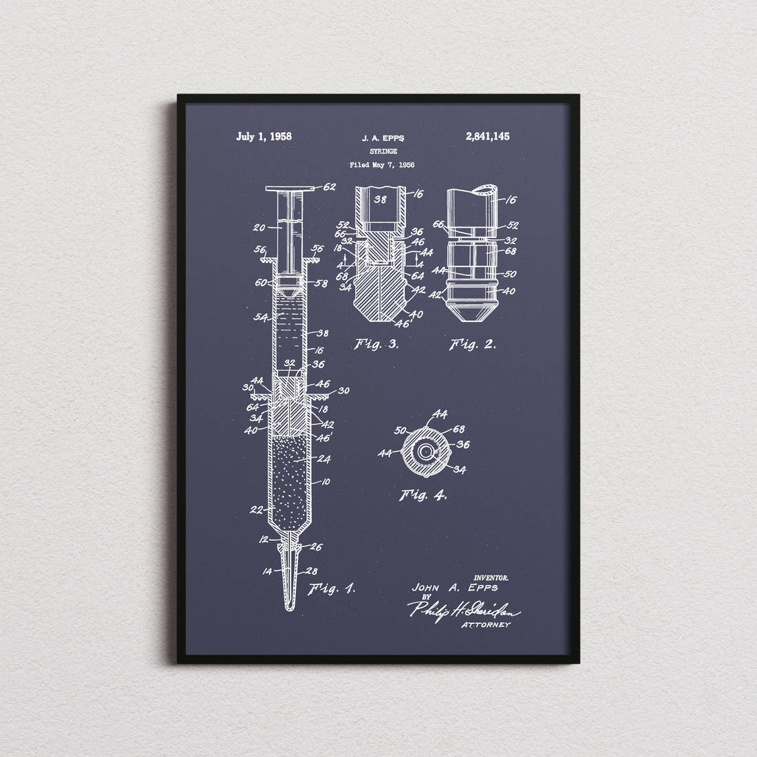 Syringe Patent Print in the navy colourway, framed