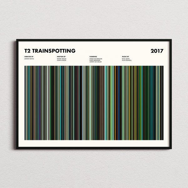 T2 Trainspotting Movie Barcode Poster framed and photographed straight on