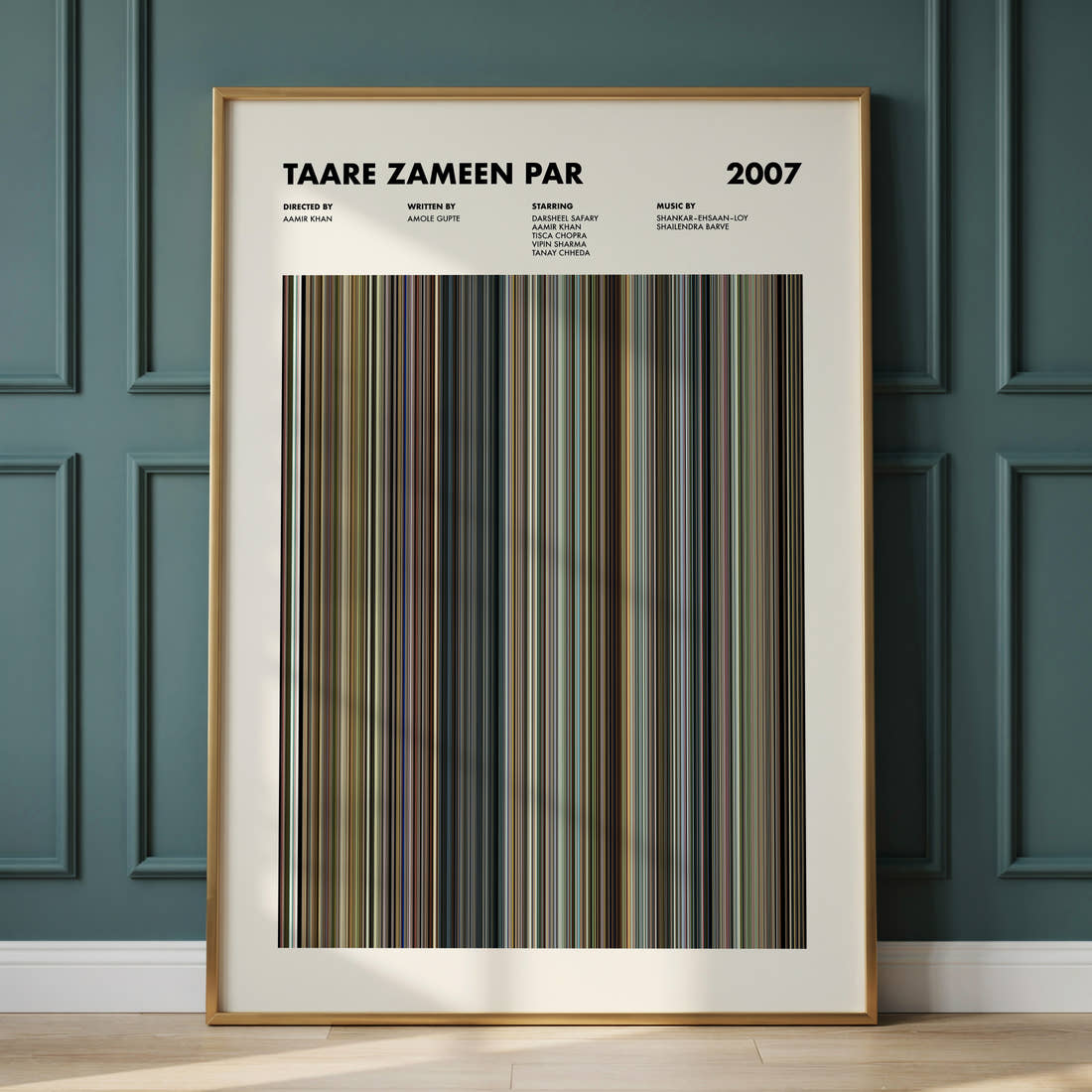 Taare Zameen Par Movie Barcode Poster framed and leaning against a panelled wall