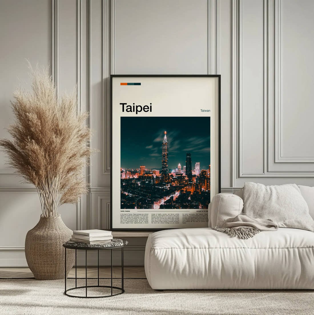 Taipei Taipei 101 Travel Print framed on the wall of a calm, neutral bedroom
