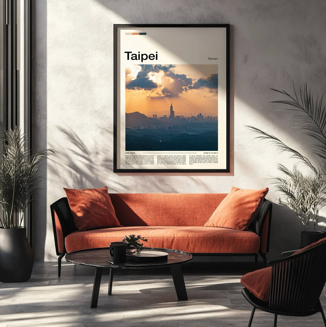 Taipei Sun Rays Over Skyline Travel Print framed on the wall of a modern living room