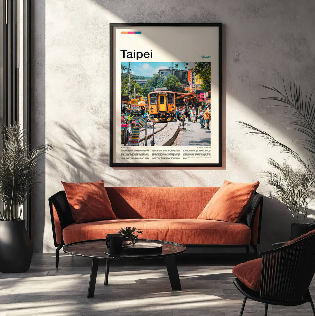 Taipei Train On Street Travel Print framed on the wall of a modern living room