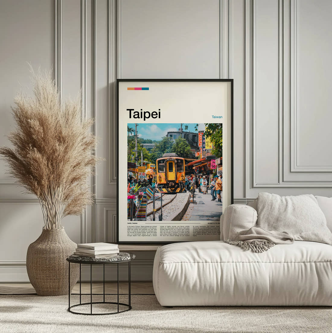 Taipei Train On Street Travel Print framed on the wall of a calm, neutral bedroom