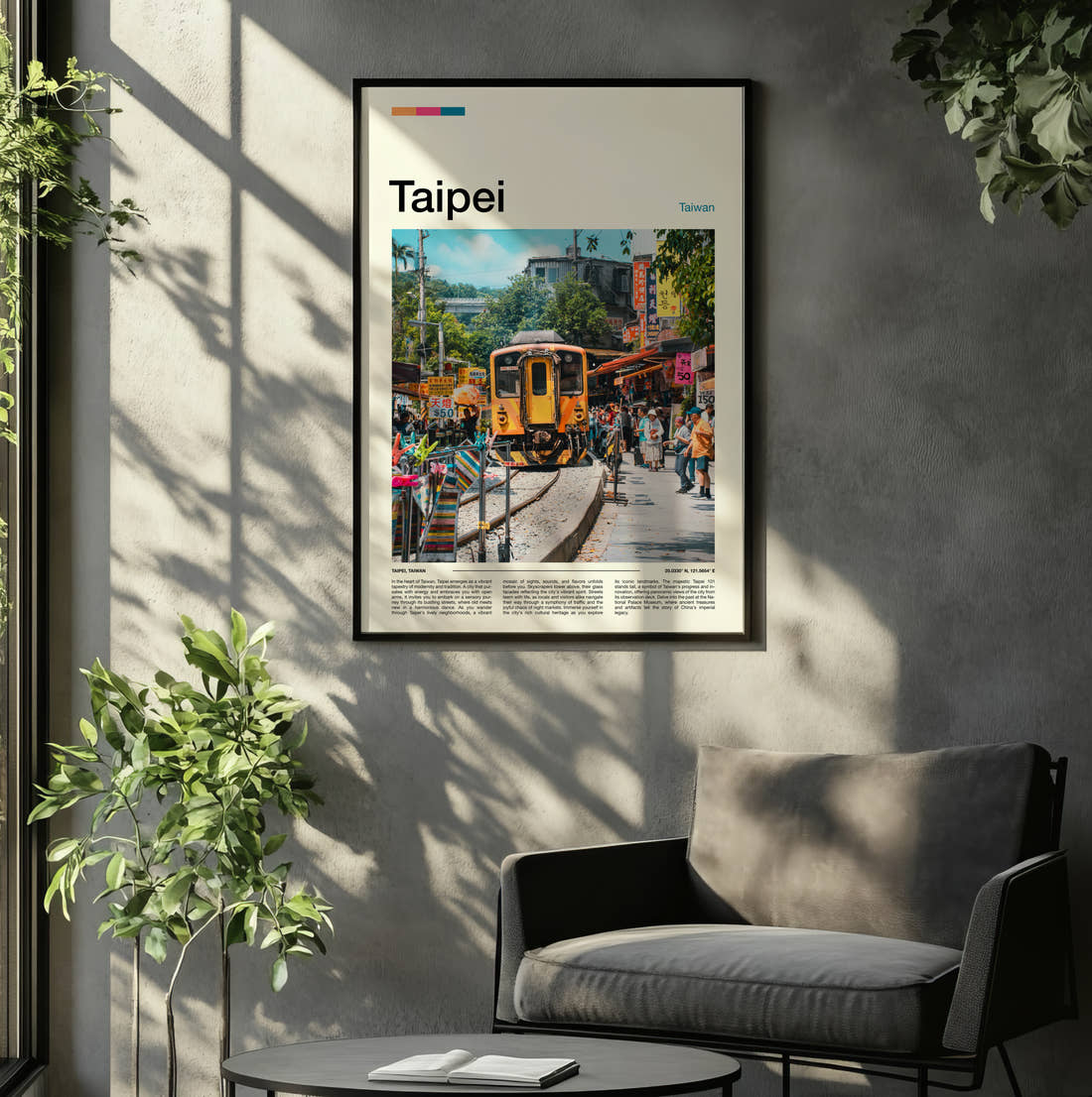 Taipei Train On Street Travel Print framed on the wall of a relaxed living room