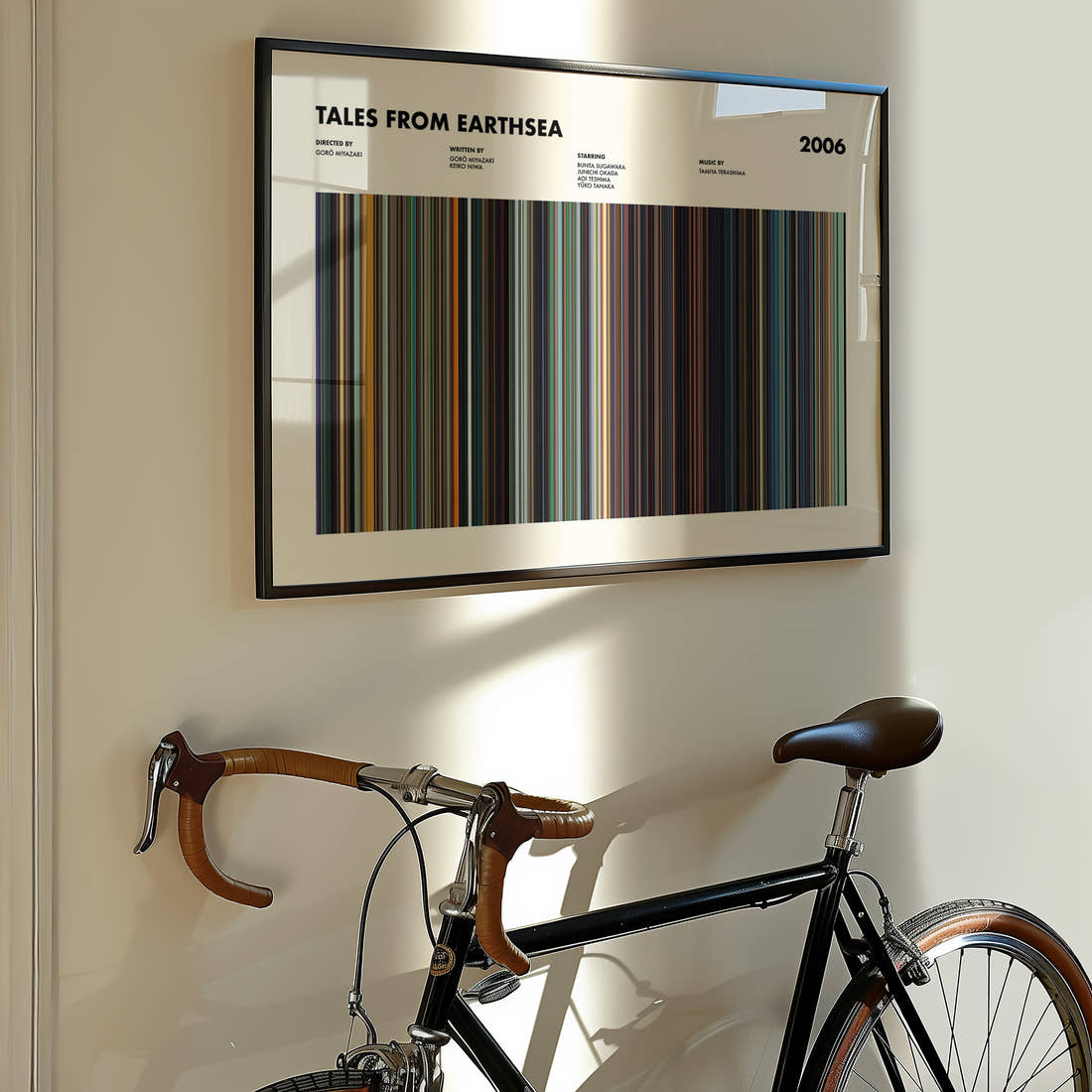 Tales From Earthsea Movie Barcode Poster framed on the wall of a styled room setting