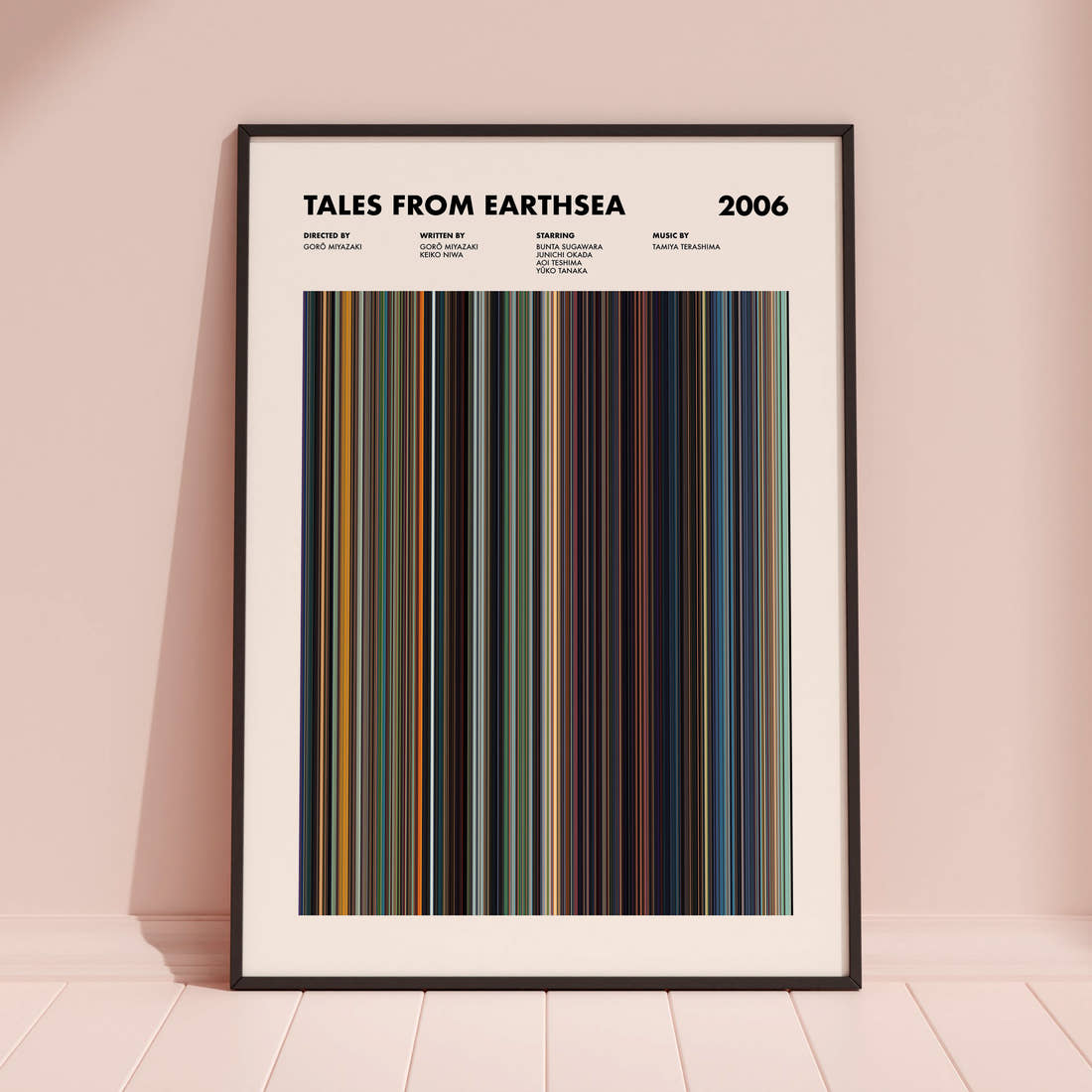 Tales From Earthsea Movie Barcode Poster framed and leaning against a coloured wall