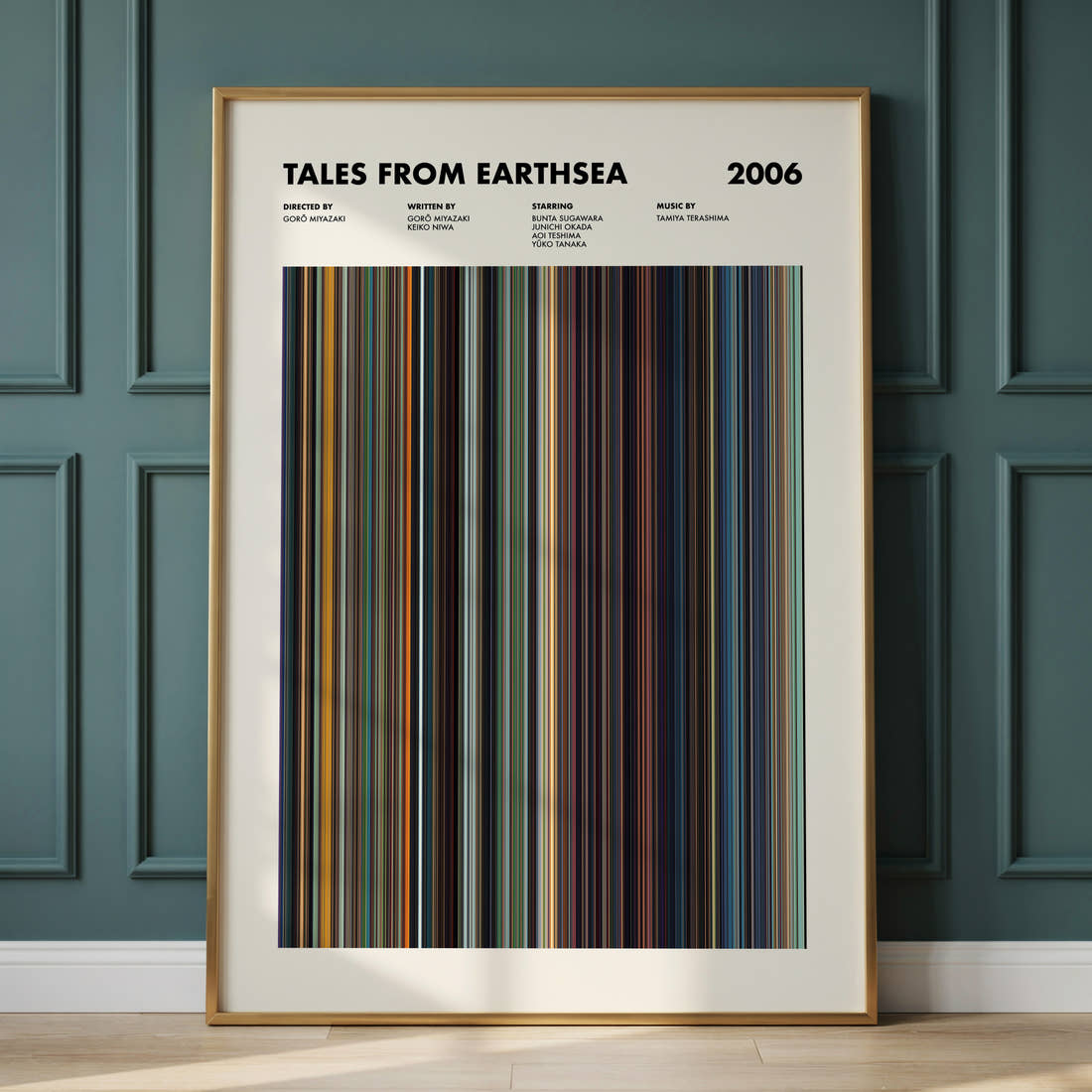 Tales From Earthsea Movie Barcode Poster framed and leaning against a panelled wall