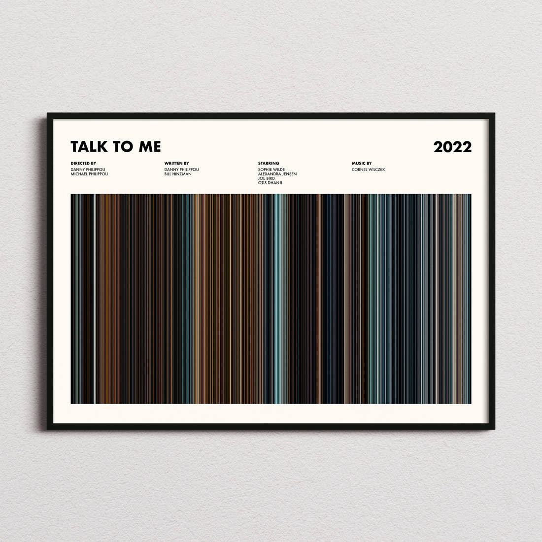 Talk To Me Movie Barcode Poster framed and photographed straight on