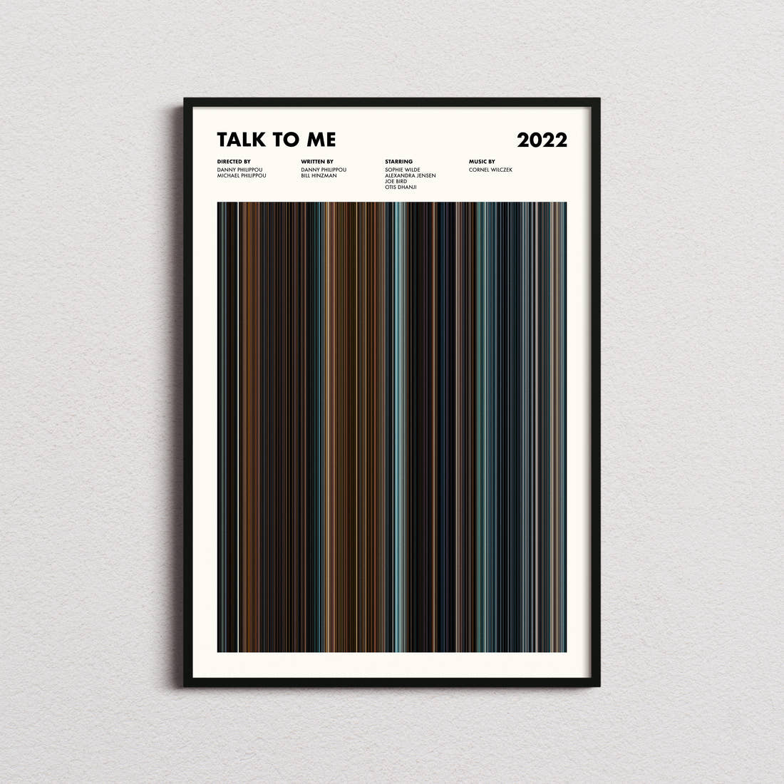 Talk To Me Movie Barcode Poster framed on a plain studio wall