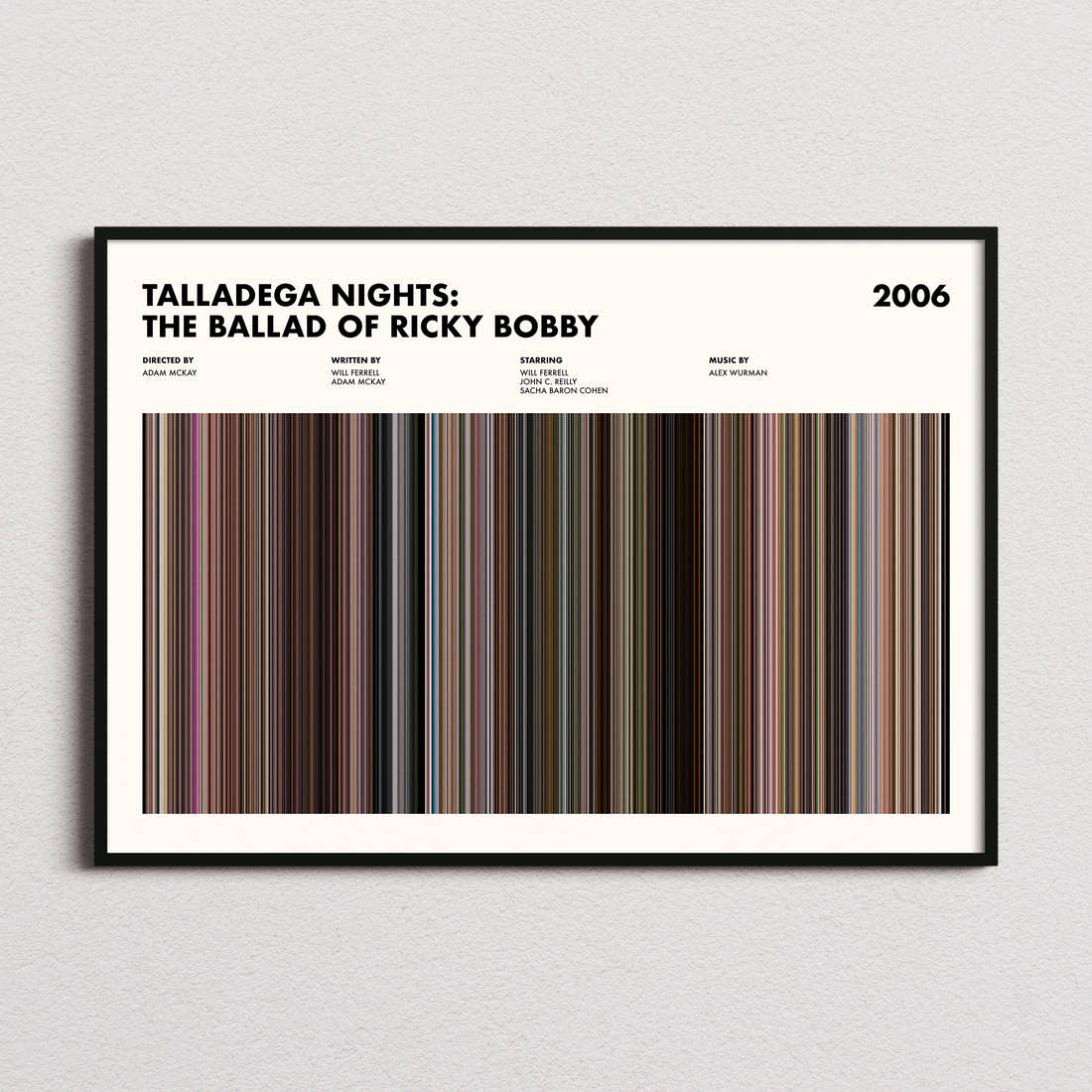 Talladega Nights: The Ballad of Ricky Bobby Movie Barcode Poster framed and photographed straight on