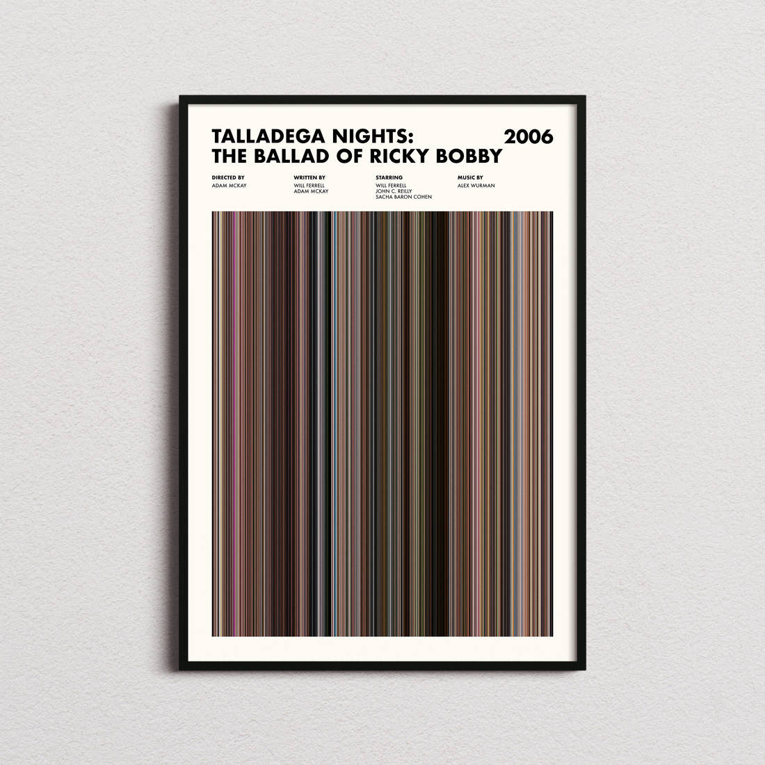 Talladega Nights: The Ballad of Ricky Bobby Movie Barcode Poster framed on a plain studio wall