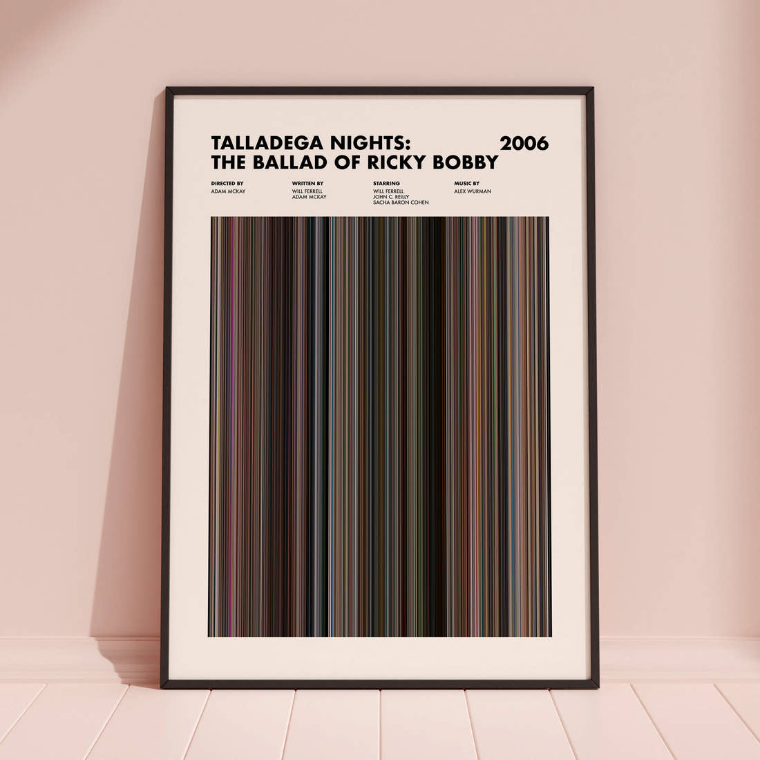 Talladega Nights: The Ballad of Ricky Bobby Movie Barcode Poster framed and leaning against a coloured wall
