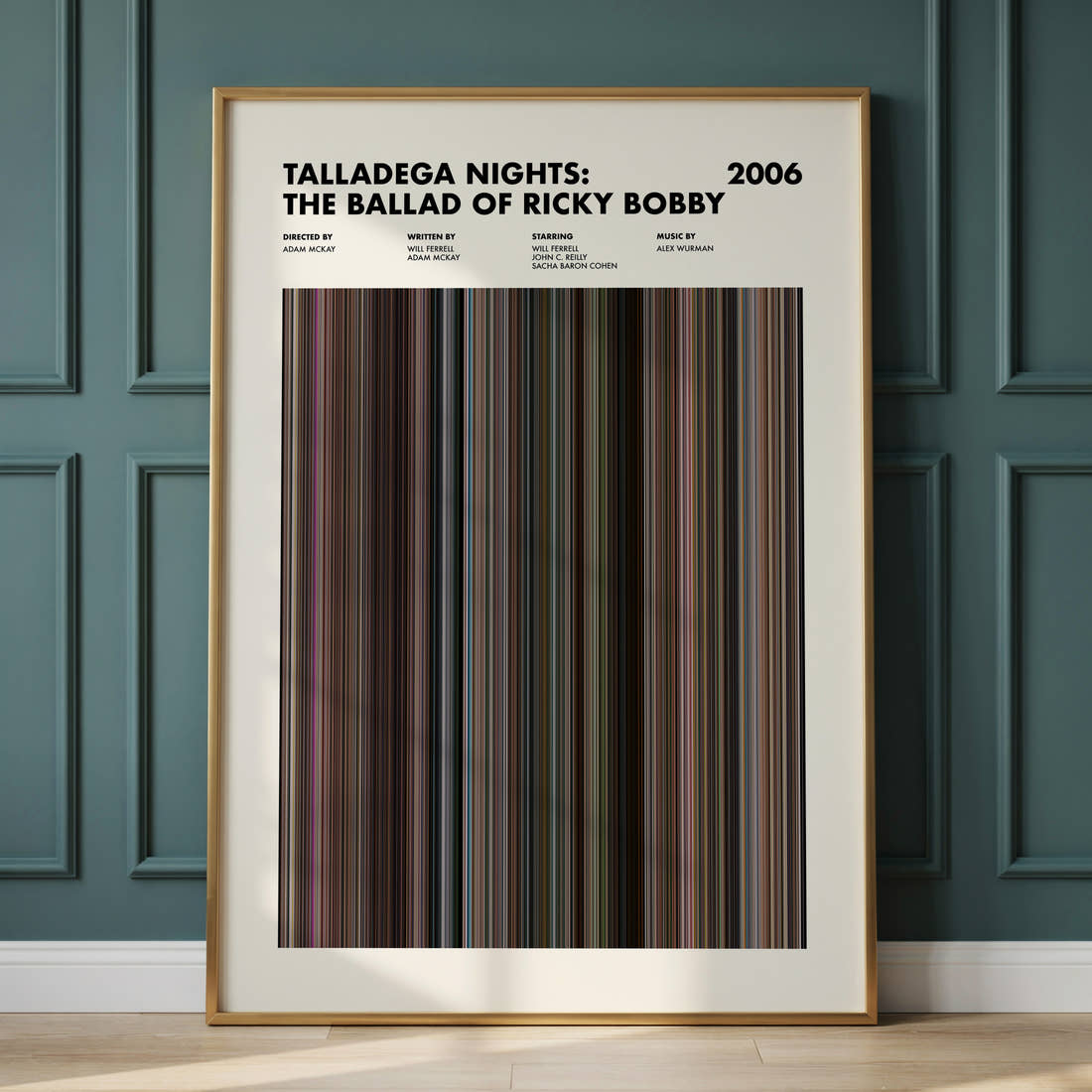 Talladega Nights: The Ballad of Ricky Bobby Movie Barcode Poster framed and leaning against a panelled wall