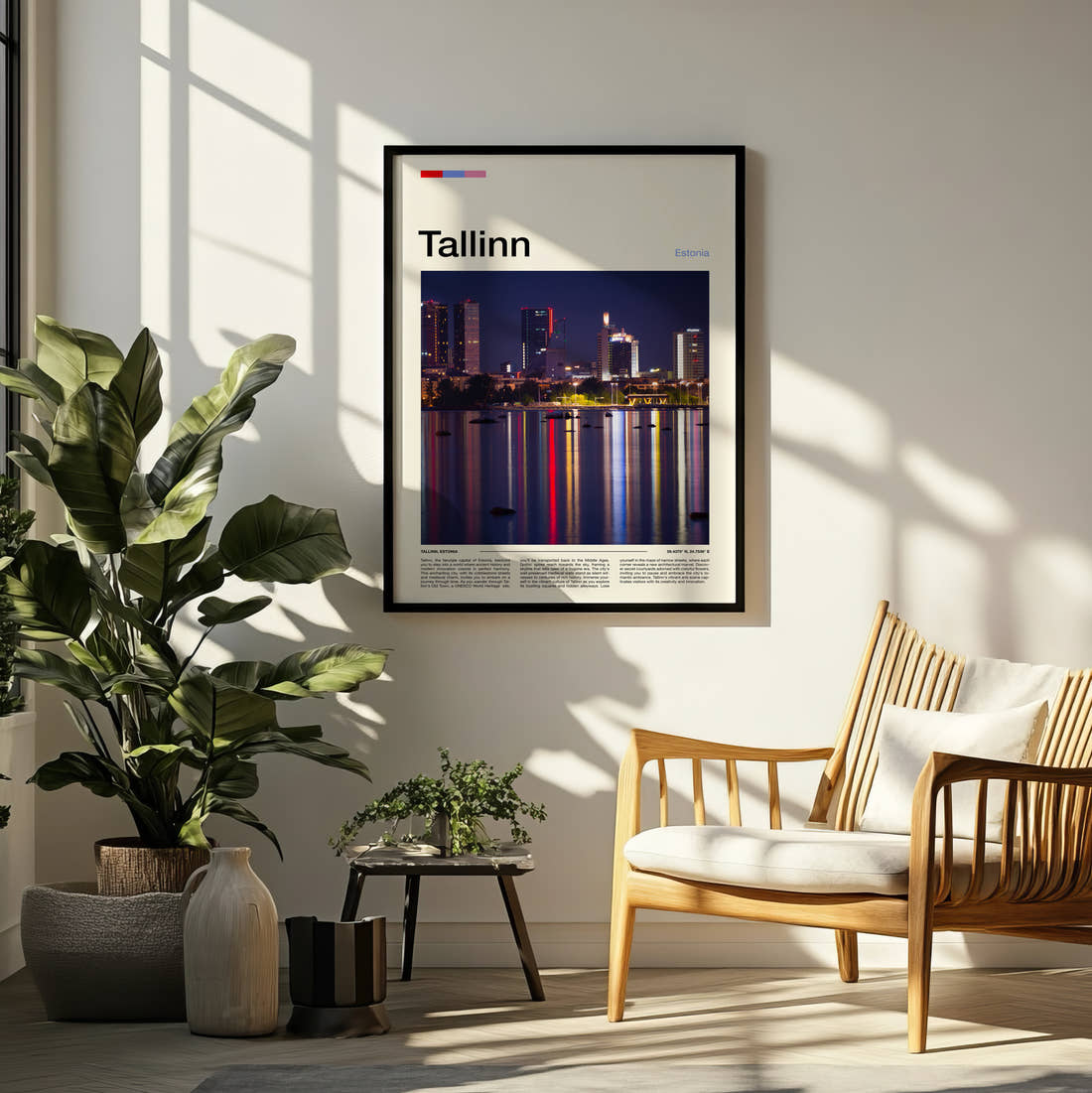 Tallinn Ferris Wheel Reflections Travel Print framed on a pale wall beside houseplants