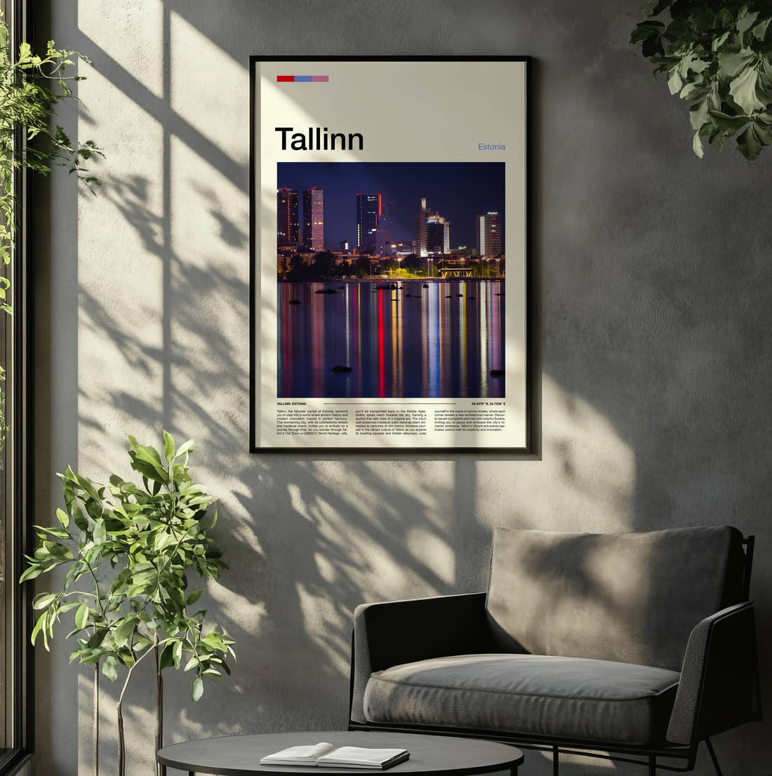Tallinn Ferris Wheel Reflections Travel Print framed on the wall of a relaxed living room